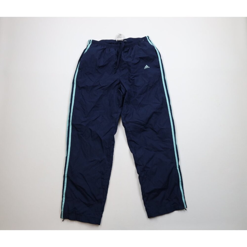 Vtg Y2K Adidas Womens Large Faded Spell Out Striped Wide Leg Windbreaker Pants